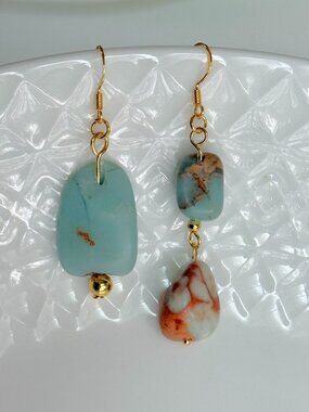 Mismatched Stone Earrings Blue Brown Asymmetrical Handmade Jewelry